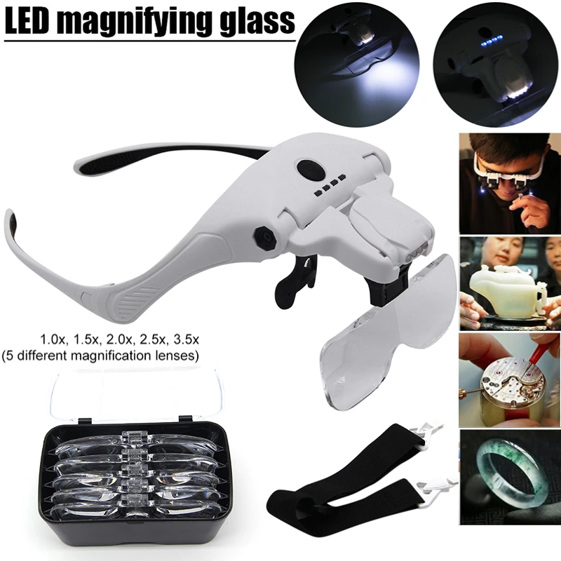 300mah Professional Magnifying Glasses with 5 Lens 1X-3.5X 4 LED Headband Magnifier Lamp USB Charging Jeweler Repair Loupe Craft