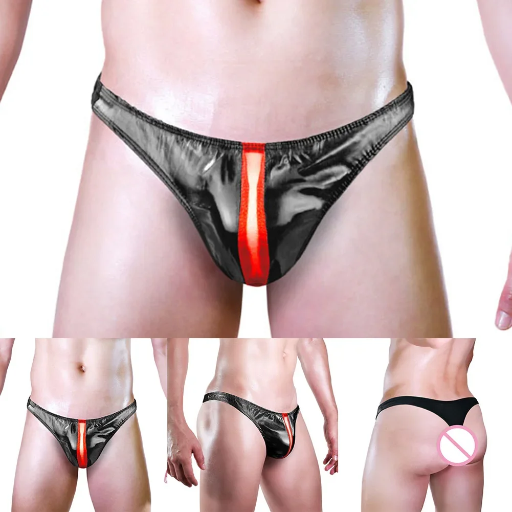 Men Sexy Faux Leather Thong Briefs Back Hollow Out Underpants Erotic Lingerie Low Waist G String Underwear Seductive Panties