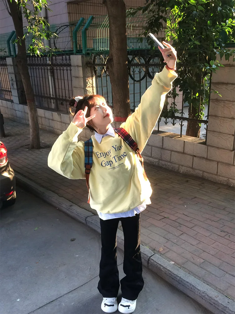 

Корейский студенческий свитшот с круглым вырезом, желтый, на флисовой подкладке, утепленный, женский, осенне-зимний, повседневный, милый, с длинными рукавами