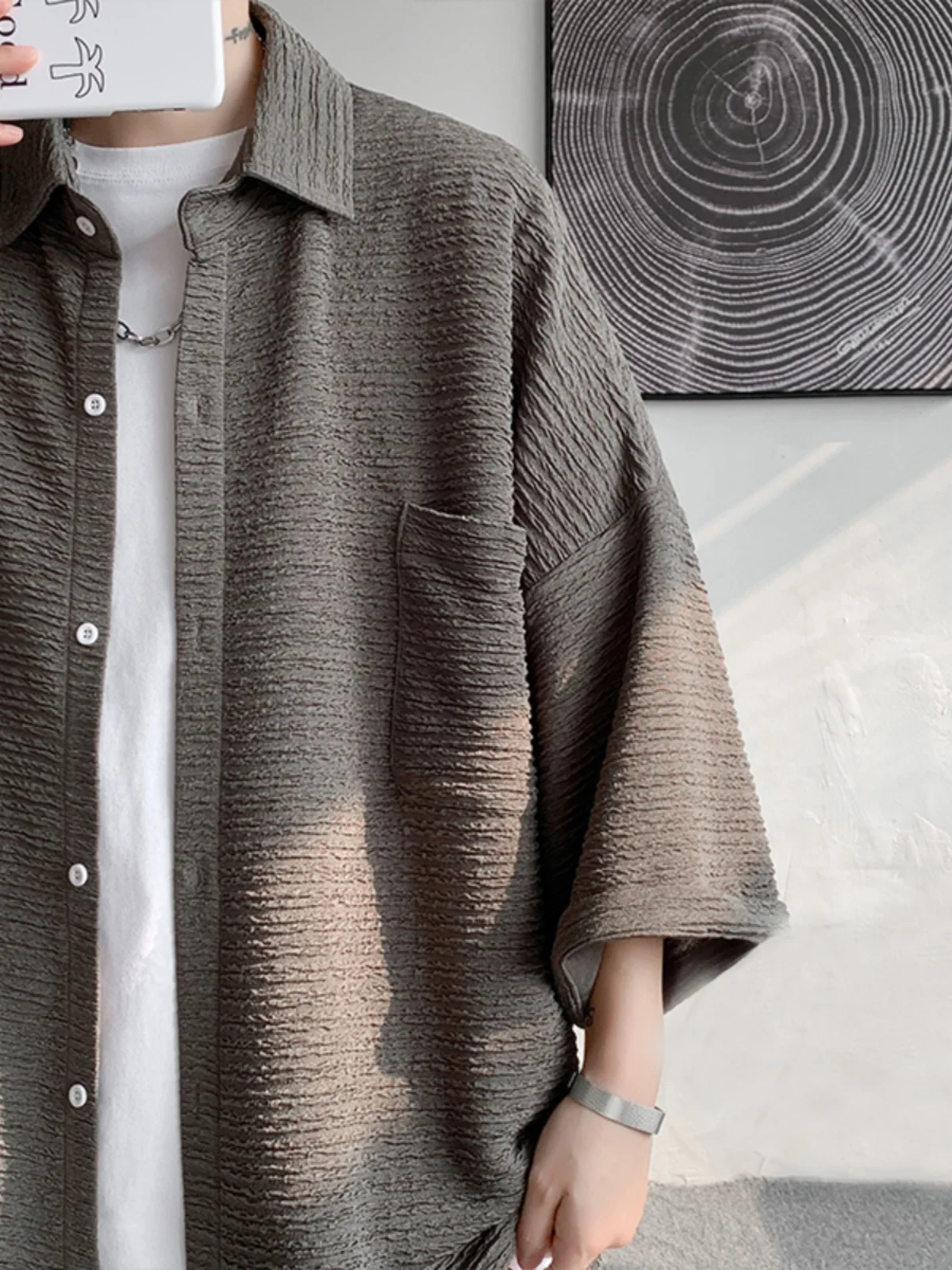 

American College Sle Men's ort Sve irt Thin Summer Large Size Seven-Foot Design Sensation irt Jaet