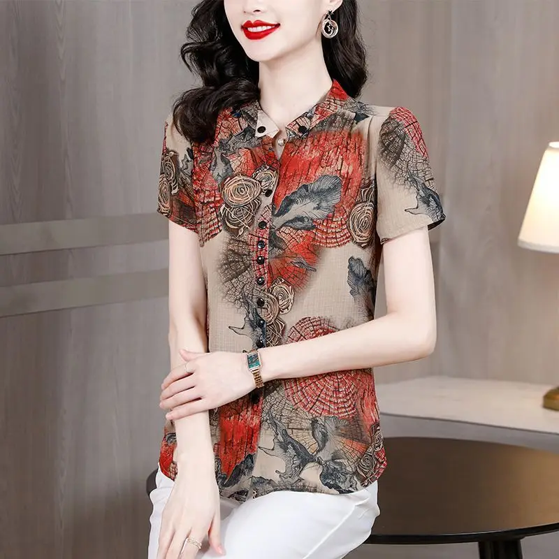 Vintage All-match Printed Short Sleeve T-shirt Women\'s Clothing Summer Casual Fashion Commute Button Spliced Slim Tops Female