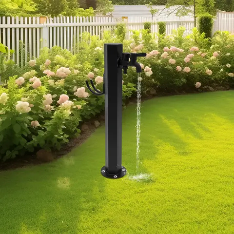 Black Hexagonal Outdoor Column Faucet - 304 Stainless Steel 2 Outlets 2 Switches Side/Bottom Inlet DN15 Garden Faucet