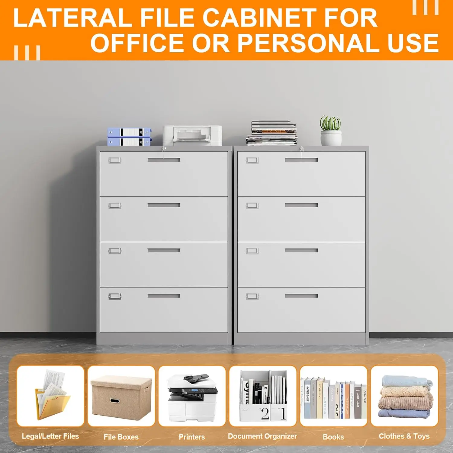 File Cabinet 4 Drawer, Lateral Filing Cabinet with Lock, Metal File Cabinets for Home Office, Office Cabinet for Hanging Files L