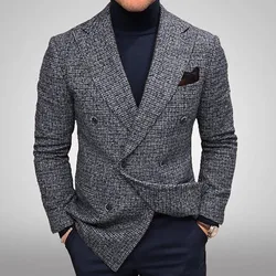 Autumn and Winter Elegant Men's Jackets Knit Men Blazer Slim Fit Fashion Versatile Casual Checkered Long Sleeves Suit Coat 2023