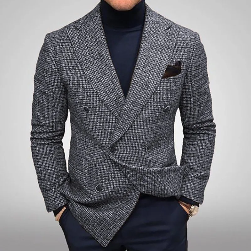 Jesienno-zimowe eleganckie kurtki męskie Dzianinowa marynarka męska Slim Fit Moda Wszechstronny Casualowy płaszcz garniturowy z długimi rękawami w kratkę 2023