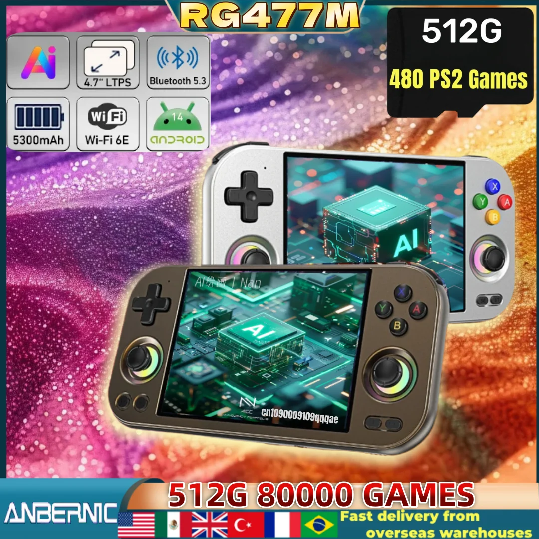 ANBERNIC RG 477M Retro Video Game Console 4.7 Inch LTPS In-Cell Touch Screen Android 14 RG477M Al Aluminum 12G+256G PSP PS2 Gift