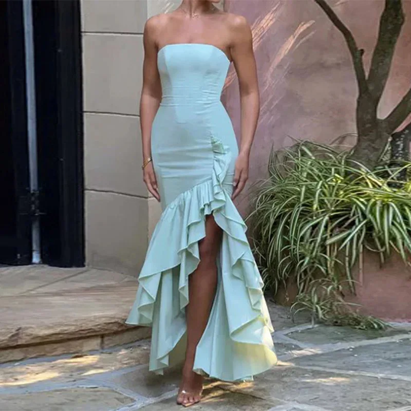 

New Style Elegant Women's Strapless Dress in 2025 featuring slits a fashionable off-the-shoulder design and a mermaid silhouette