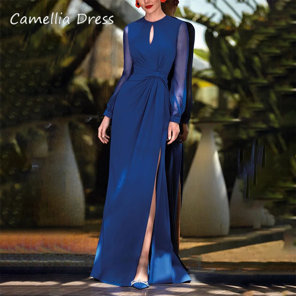 

Sexy Scoop Neck Mother Of The Bride Dress A Line with Side Slit Formal Dresses Long Sleeves Vestidos Mae Da Noiva Casamentos