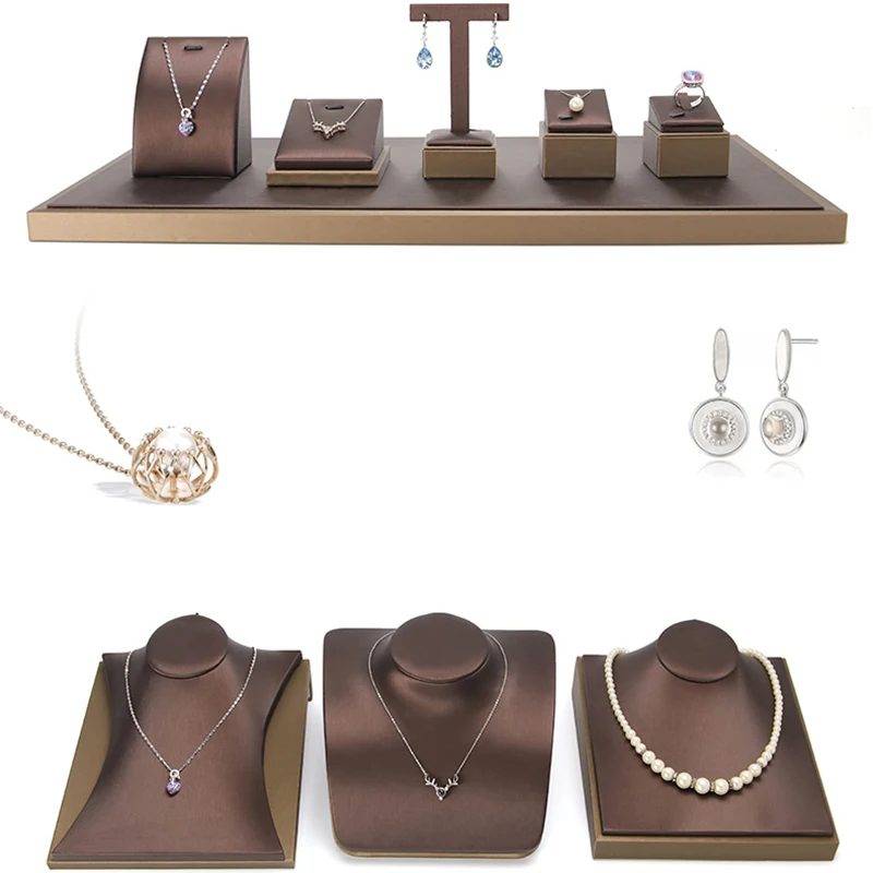 Brown Pu Leather Jewelry Display Stand Ring Earrings Necklace Pendant Bracelet Storage Display Stand