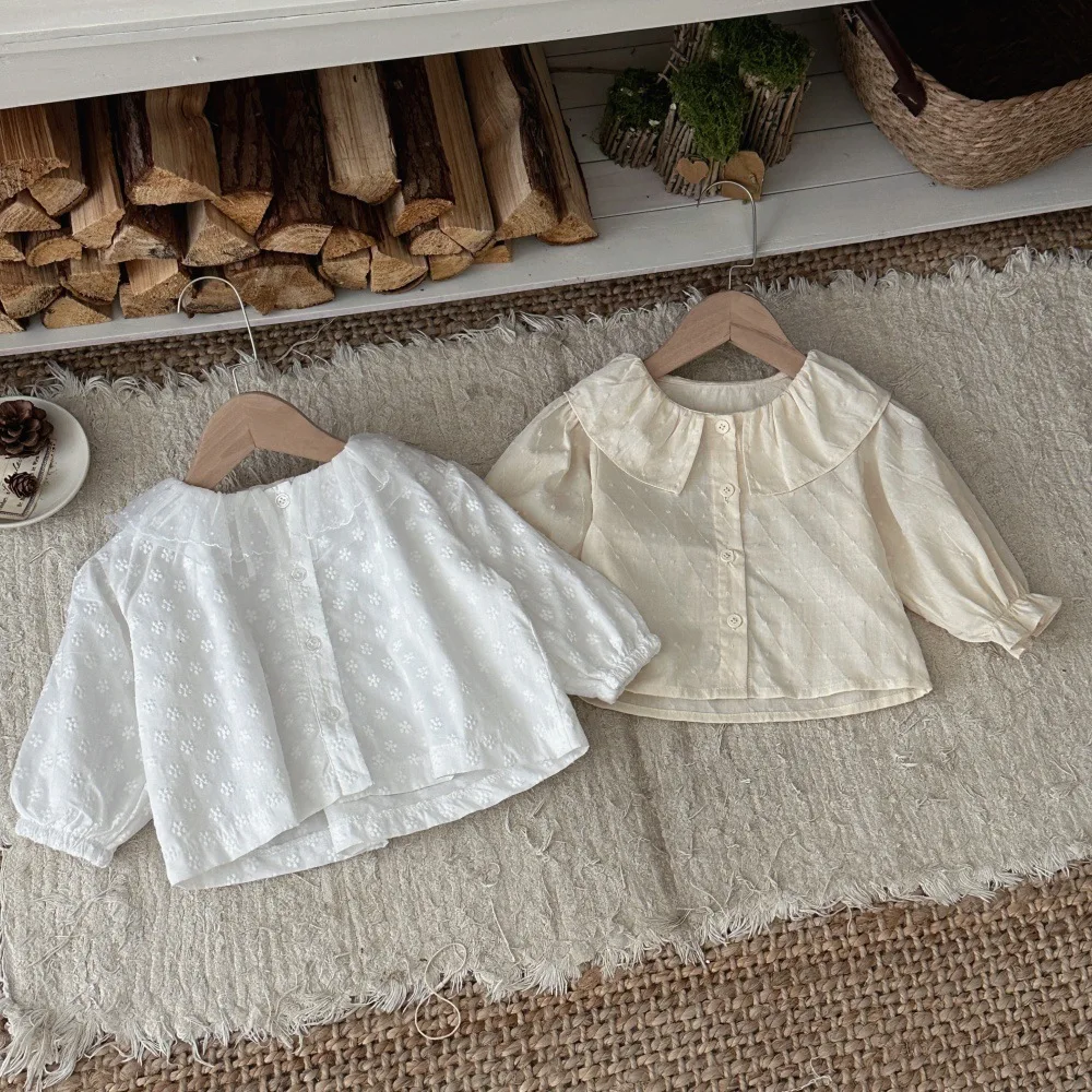 2026 Autumn New Baby Girl Long Sleeve Shirts Girls Cute Ruffle Collar Shirts Cotton Infant Embroidery Lapel Tops Toddler Clothes