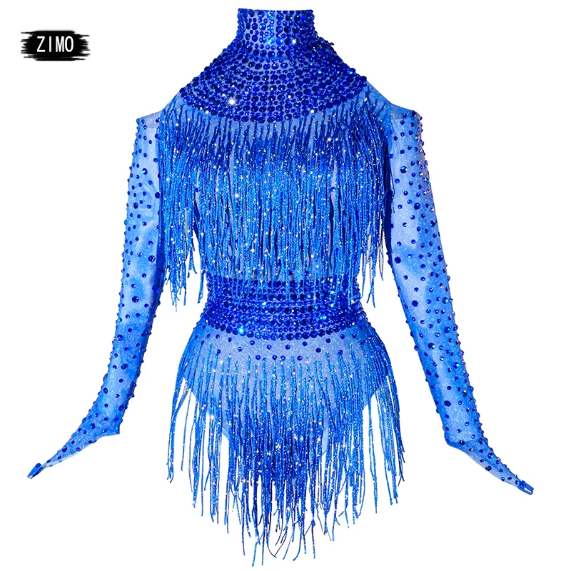 

Custom fashion blue rhinestones bodysuit tassels sexy see through club party DS performance leotard Team DS pole dance clothing