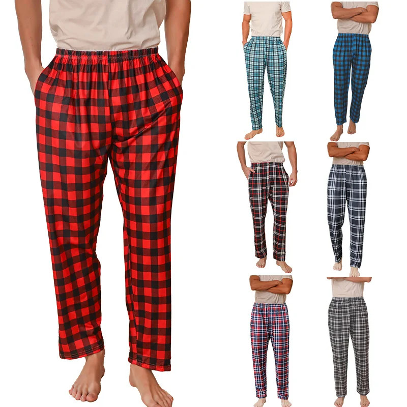 Pijama masculino de primavera e outono com estampa xadrez casual grande e calças finas com bolsos disponíveis em várias cores