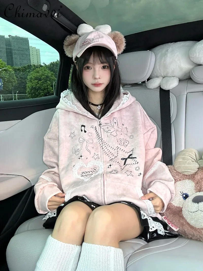 Original Retro Lace Trim Rabbit Ear Hooded Jacket 2025 Autumn Clothes New Sweet Girl Kawaii Loose Womens Sweatshirt Coat