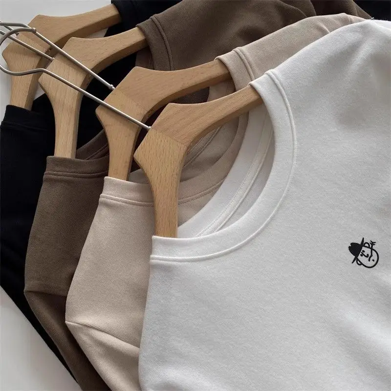 Korean Style Commute Simple Long Sleeve Embroidery German Velvet Loose Women's T-shirt Base Shirt New Winter plus Size Slimming