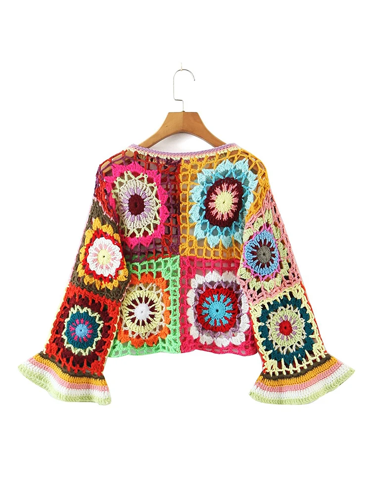 Autumn Women Multicolor Handmade Hook Flower Hollow Boho Knit Sweater Mujer Flare Sleeve Female Crop Pullover Chic Tops