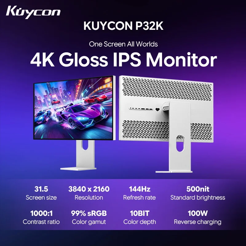 Kuycon P32K 32 Inch 4K Glossy Gaming Monitor 3840 X 2160 144Hz IPS Display 99% sRGB 96% DCI-P3 500Nit HDR 100W USB-C CNC Aluminum AR Anti-Glare Gaming Designer Screen (Honeycomb with Stand)