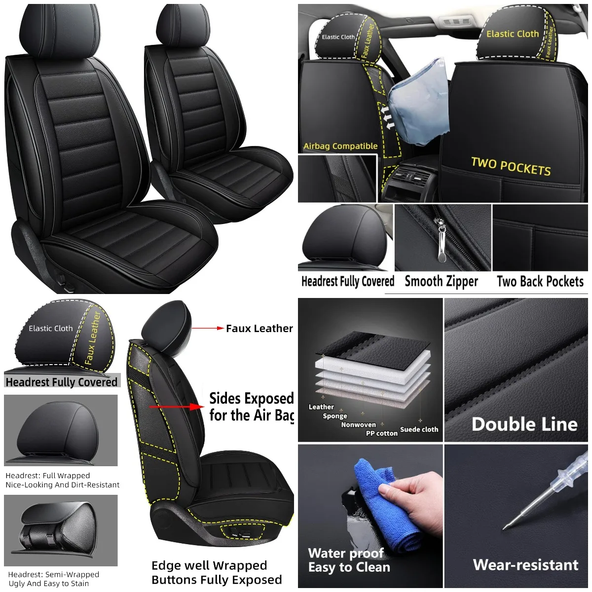

Waterproof Faux Leather Car Seat Covers, Universal Fit Front Black for SUV Truck
