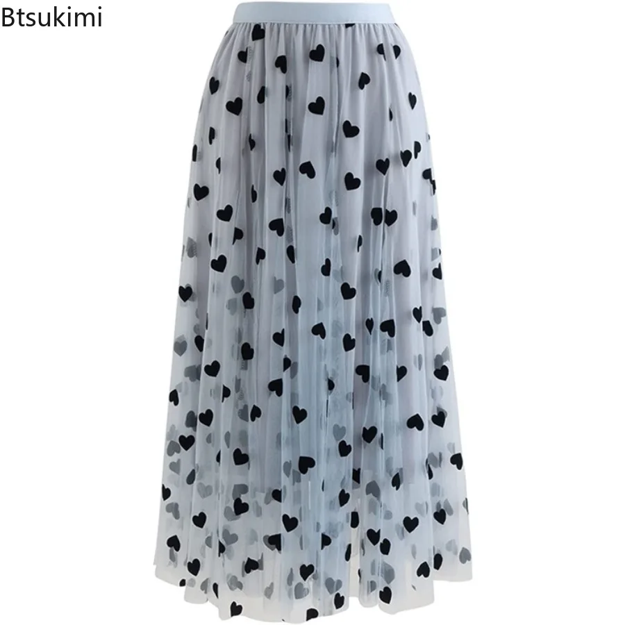Skirts Women French Retro Mesh 2025 High Waisted Midi A-line Skirt Plush Heart-shaped Fluffy High Street Fashion Chic Clothing