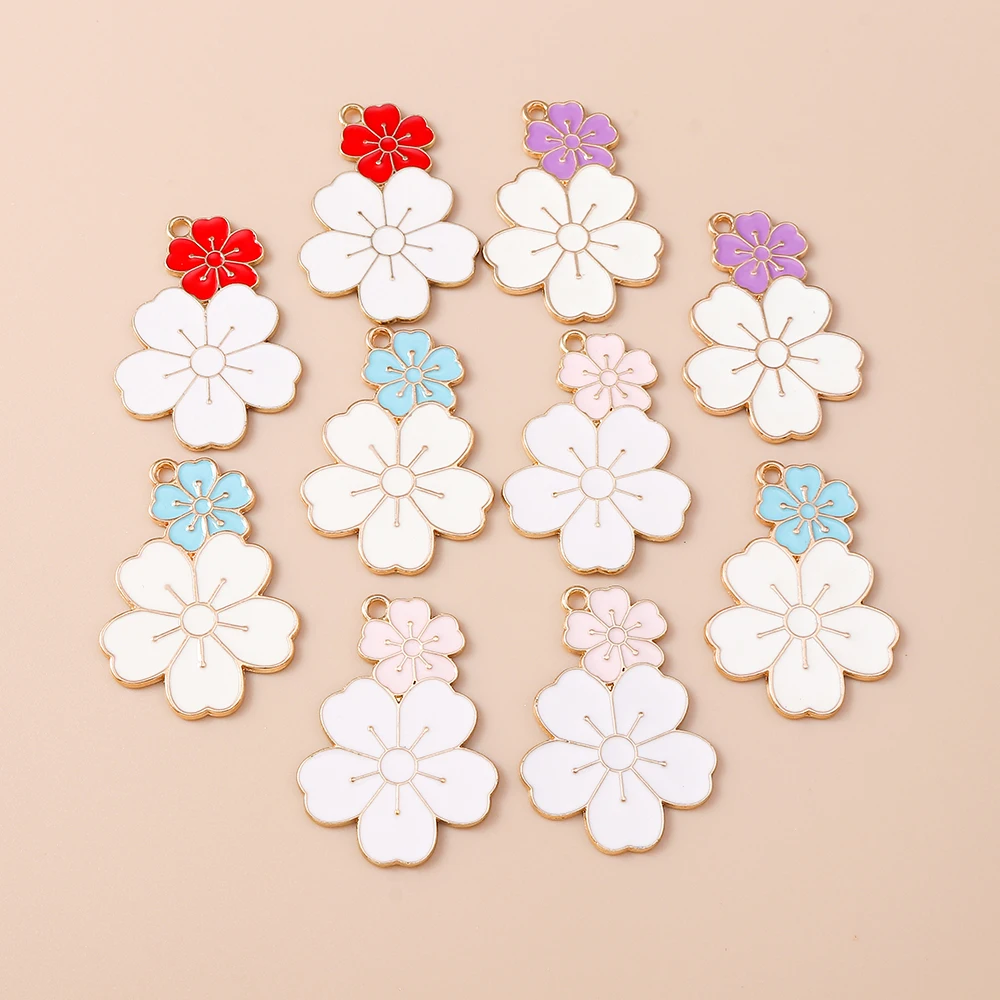 Leslie 10Pcs 24*34mm Enamel Sakura Flower Charms for Jewelry Making Earrings Necklace Pendants Key Chains Accessories