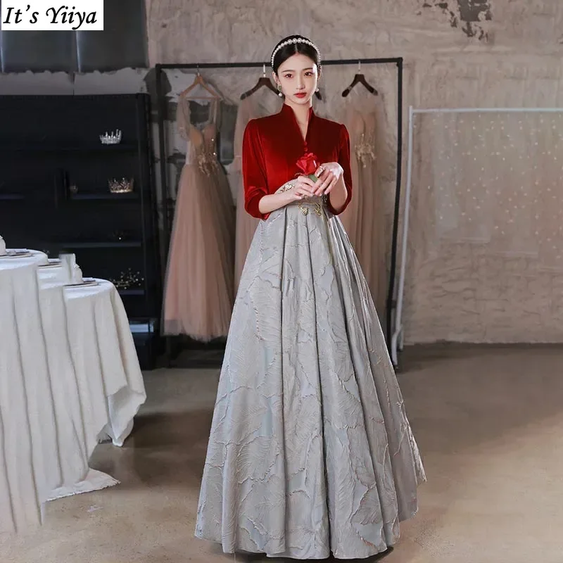 

It's Yiiya Customized Evening Dress Wine Red Velvet Half Sleeves Floor-Length Zipper A-Line Plus size Woman Formal Party Gowns