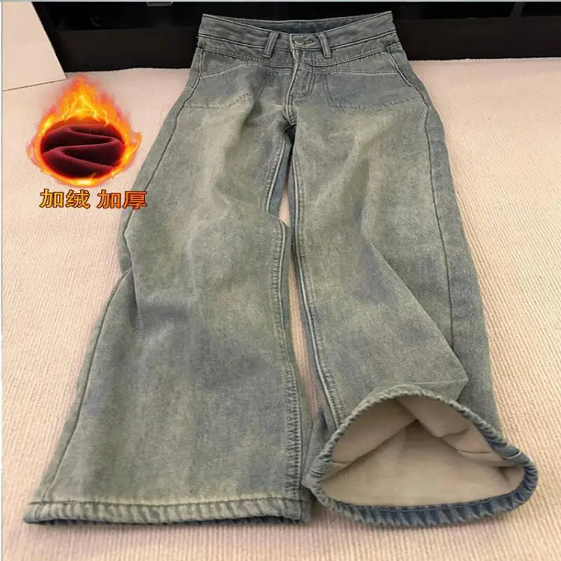 

Зимние женские джинсы, широкие брюки, флисовая подкладка, фланелевая подкладка, утолщенная высокая талия, прямые свободные джинсовые брюки, брюки для девочек