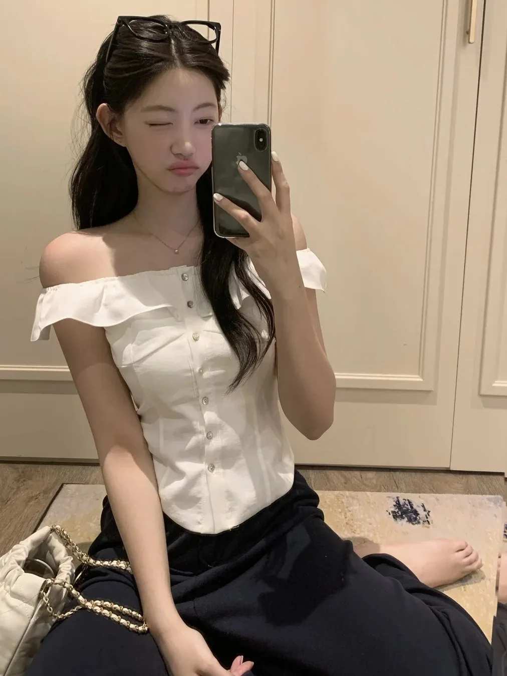 Korean Style Slimming One-Shoulder Shirt Women's Fashion Square Collar Pure Desire Casual Versatile Short Sleeve Blouse