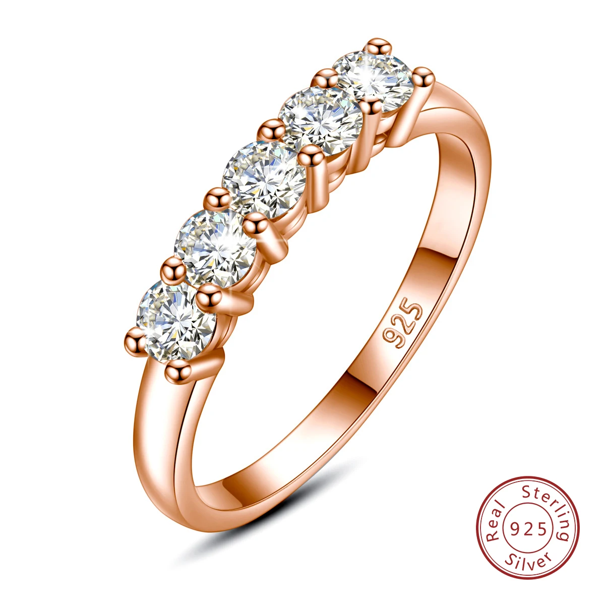 Massiver 925 Sterling Silber Ring mit 5 Steinen in Reihe für Damen, Runder Moissanit Stapelring, Hochzeit, Versprechen, Verlobung, Schmuckgeschenk – Detail 9