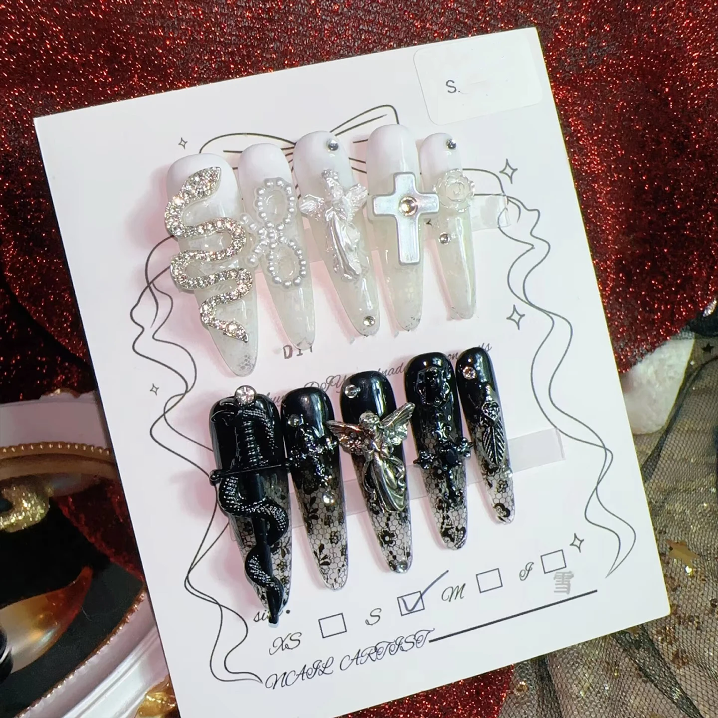 Luxury Dark Gothic Press On Nails Set, Resin Fake Nails with Religious Symbols & Rhinestones, Precise Sizing, Great for Dark Loo