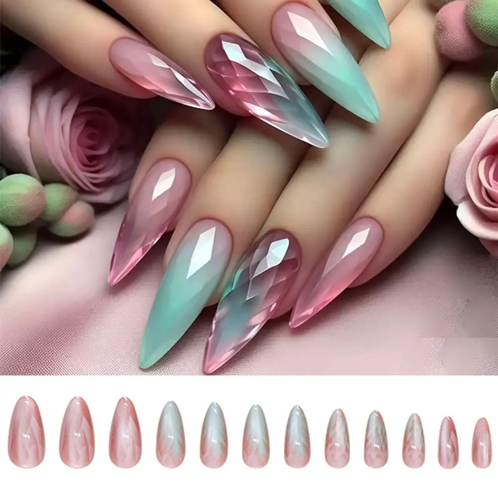 French False Nails Fashion Long Stiletto Glazed Cat's Eye Press on Nails Detachable Full Cover Fake Nails Women Girls