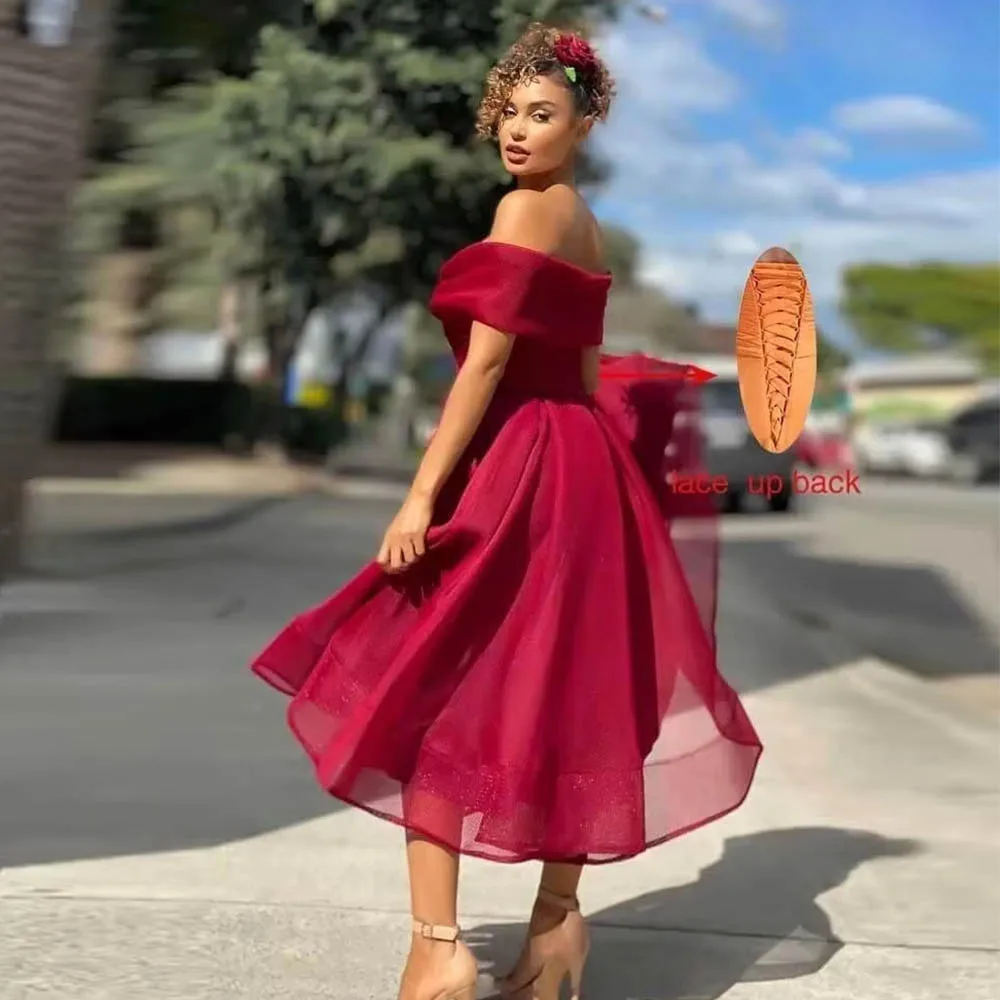 Customized Tea Length Off The Shoulder Tulle Cocktail Party Prom Dresses for Women Formal Evening Gowns Wedding Party Dresses