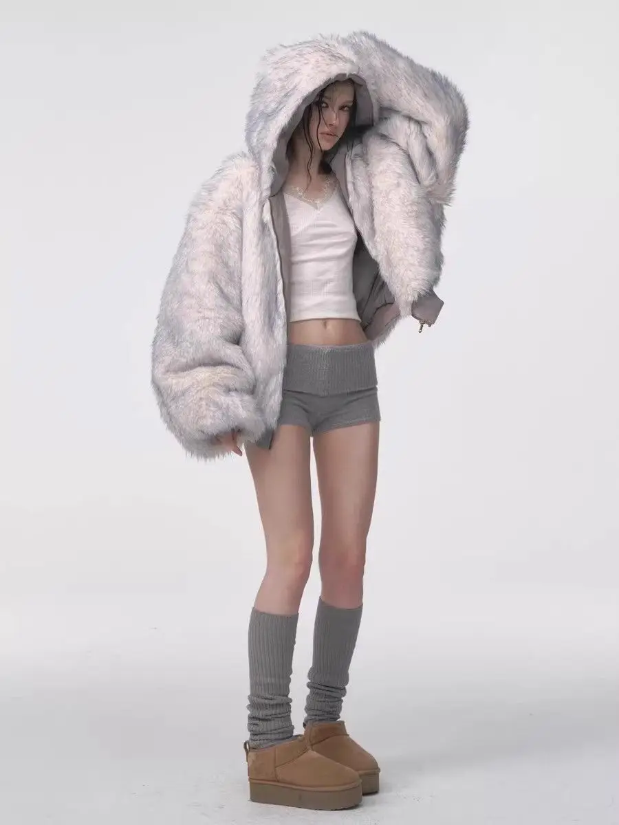 Winter Women Grey Thick Faux Fox Spliced Hooded Bomber Jacket Double-sided Retro Zipper Parka Coat Plush Inner Cardigan Tops
