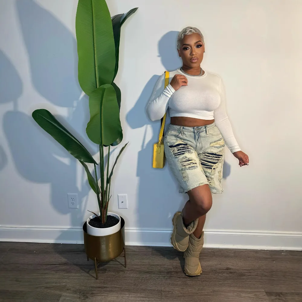 New Women's Fashion Street Style Trendy Washed Vintage Ripped Patchwork Five-Point Jeans