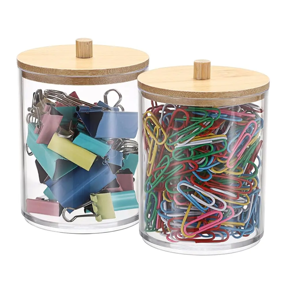 

Набор из 2 прозрачных держателей для скрепок с бамбуковой крышкой, пластиковая коробка для скрепок, полезный офисный аксессуар, органайзер, круглый, маленький, ст.