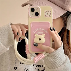 3D Little Bear Doll Pink Painted Card Bag Phone Case with Same Phone Hanging Strap Phone Case For iPhone 11 12 13 14 15 pro max