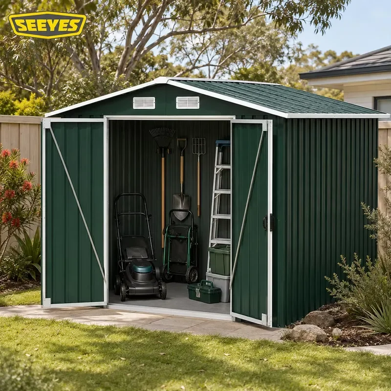 Rust Proof Powder Coated Steel Garden Shed Double Swing Doors UV Protected Outdoor Backyard Storage Shed With Built-in Vents