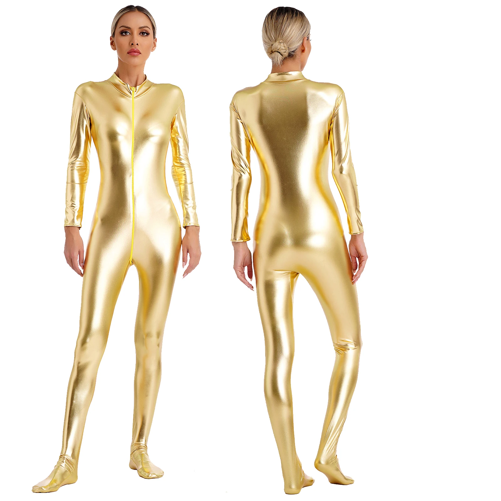 

Womens Metallic Shiny Zentai Jumpsuit Mock Neck Long Sleeve Front Zipper Full Body Unitard Tights for Performance Clubwear