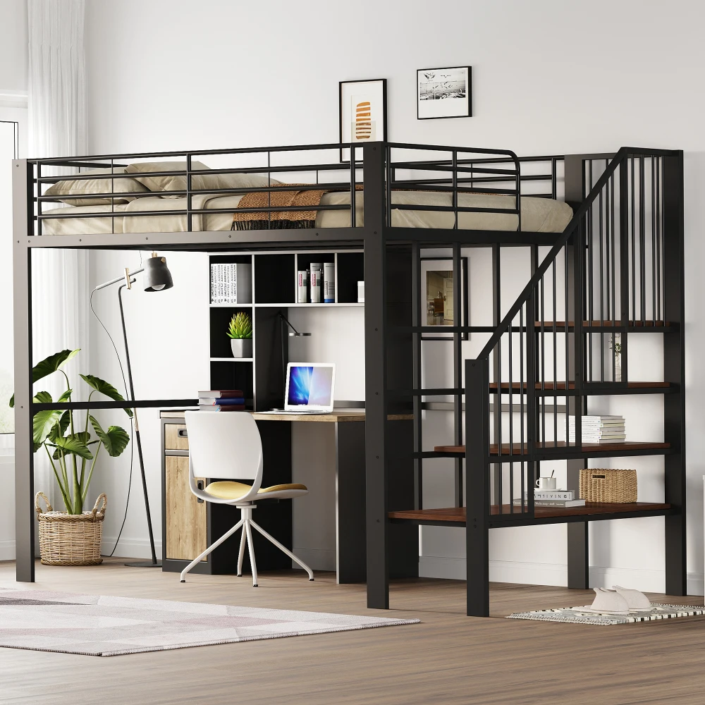 Stabiles Hochbett aus Metall, 90 x 200 cm/140 x 200 cm, mit geräumigem Stauraum unter dem Bett und Treppe für Kinder und Erwachsene, Bettgestelle und -gestelle – Detail 12