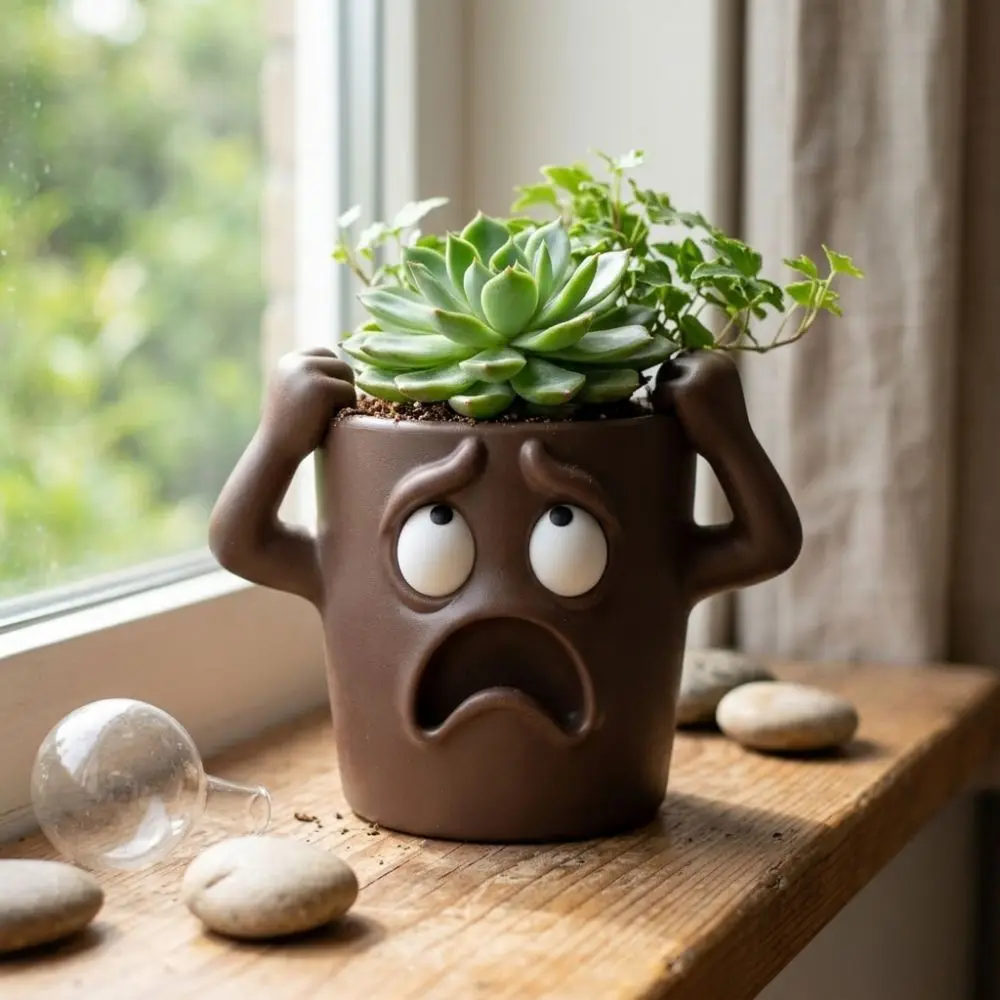 3D Printed Funny Face Succulent Planter Novelty Humorous Face Shocked Expression Plant Pot Plastic Lifelike