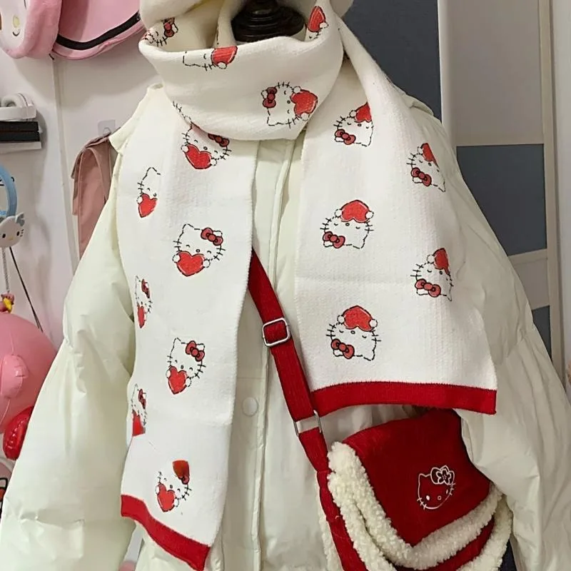 New Hello Kitty Cartoon Animation Winter Cute Creative Personality Girl Heart Kawaii Daily Versatile Warm Scarf Gift Wholesale