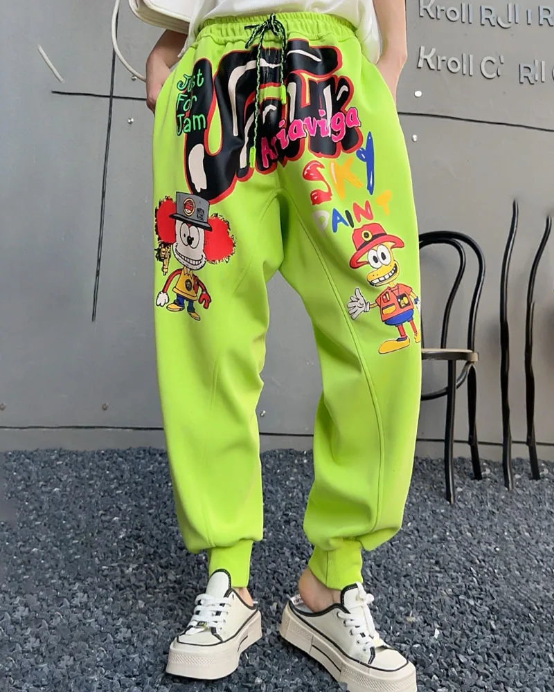 Cartoon Graffiti Pants Women Clothing 2024 Atumn Y2k Clothes Japanese Korean Trend Casual Pencil Trousers Sportwear Femme