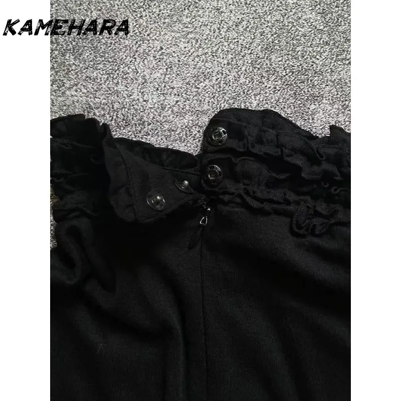 KAMEHARA اليابانية E-girl القوطية خمر نصف عالية الرقبة قصيرة الأكمام القوس فستان الدانتيل مقطعة الخصر حار فتاة فستان أسود صغير