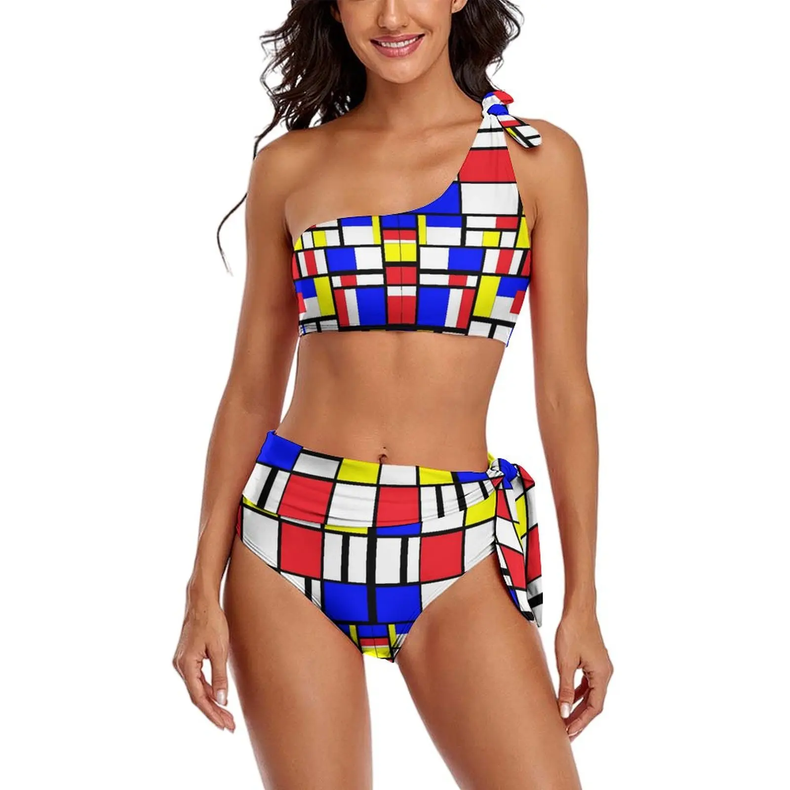 Conjunto de Bikini geométrico Vintage, bañador Sexy de estilo Mondrian, traje de baño de cintura alta, traje de baño gráfico Rave