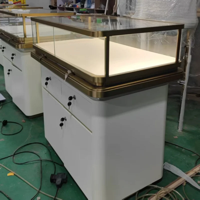custom.Luxury Champagne Gold Jewelry Display with LED Lights - Tempered Glass, Lockable, Ready to Ship