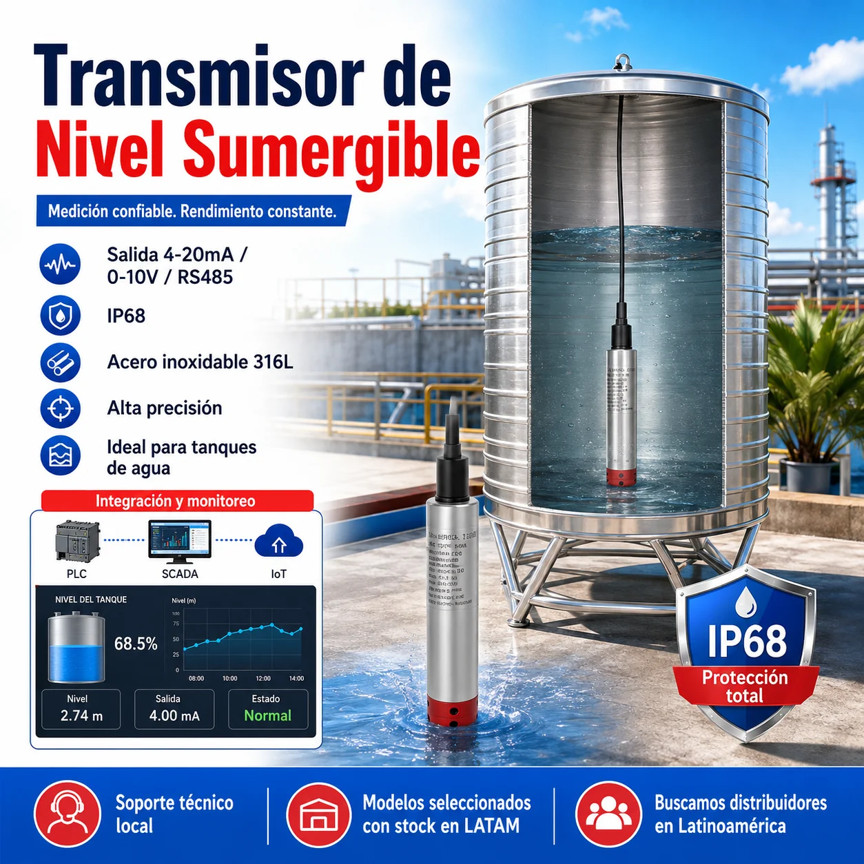 Submersible Level Transmitter 4-20Ma Output Rs485 Submersible Probe for Well and Tank Iot Hydrostatic Level Sensor