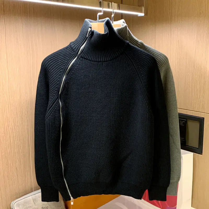 2025 Trendy Brand Solid Color Half Turtleneck Sweater for Men in Winter Personalized Side Zipper Sweater Design Warm Top