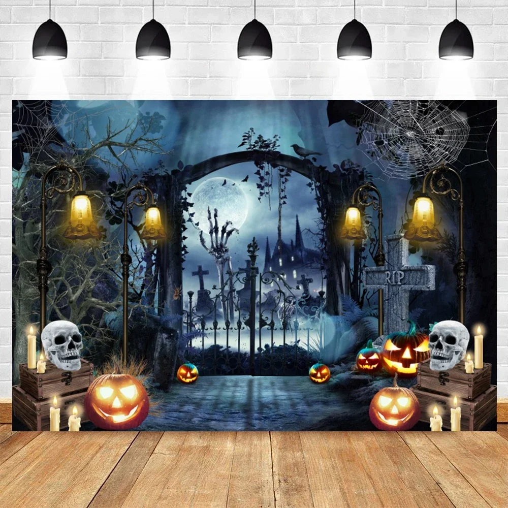 Фон для фотосъемки ужасов на Хэллоуин, луна, ночь, замок, лес, тыква, фонарь, скелет, украшение для семейной вечеринки, фоны