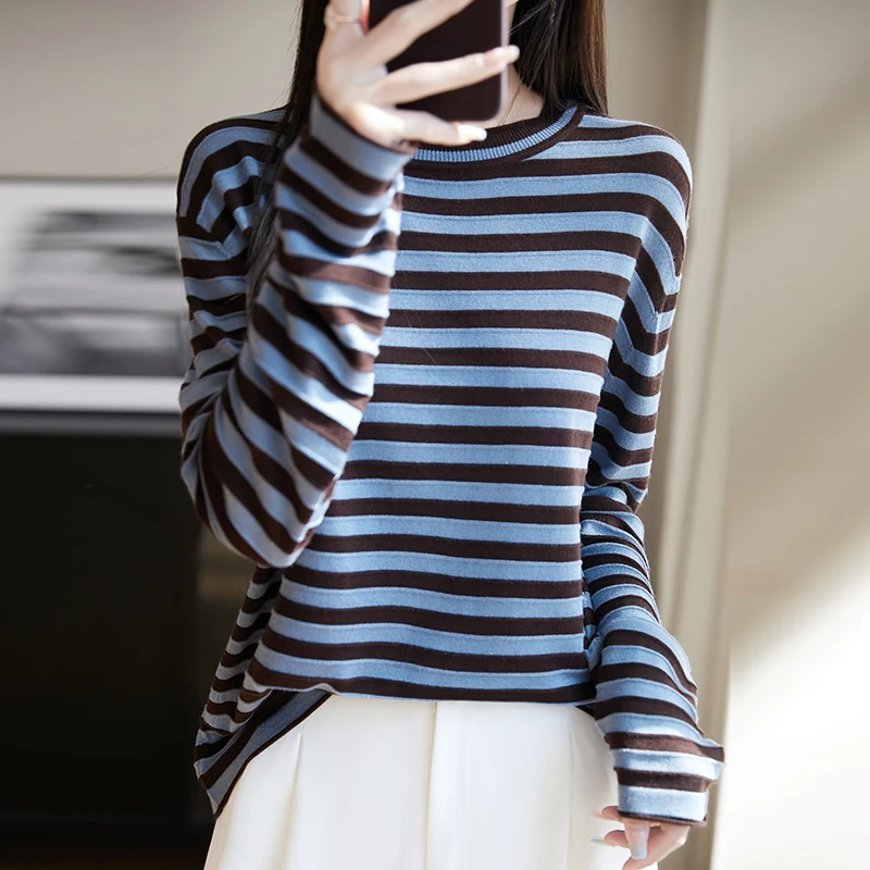 봄 여성 오-넥 긴 소매 스웨터 여성 느슨한 달콤한 패션 탑 하이 엔드 여성 스트라이프 대형 니트 풀오버 여름