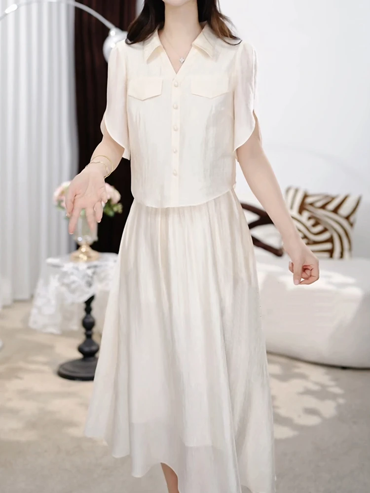 

Fashionable High-End Feeling Women's Set Summer 2025 New Turn-down Collar Top Age-reducing Belly Covering Half-length Skirt P...