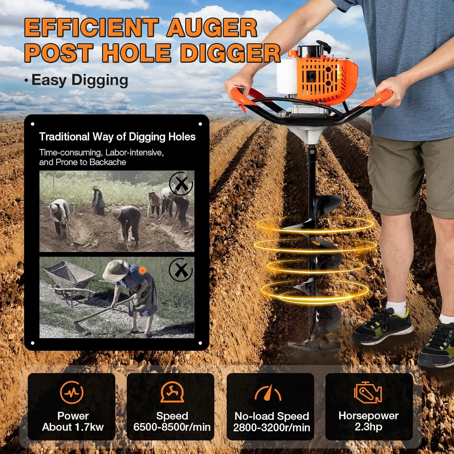 2-Stroke 52CC Gas Powered Post Hole Digger, Earth Auger with 3 Drill Bits (4