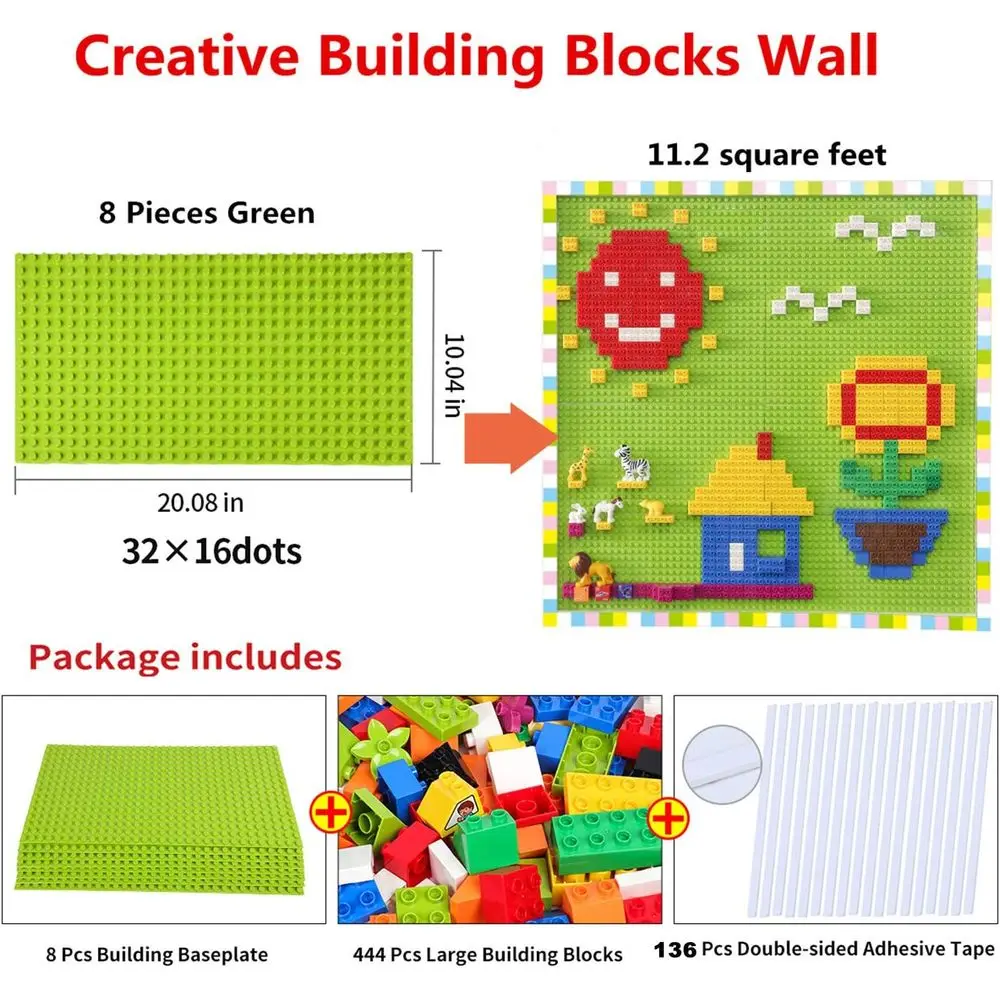 Juego de pared de bloques de construcción personalizables DIY, 8 Bases autoadhesivas (10x20), 440 piezas, Compatible con las principales marcas, Wal fácil y divertido
